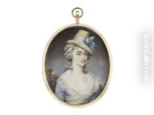 A Lady, Wearing Blue Dress, Pale Yellow Sash And White Fichu, Her Powdered Wig Worn A La Conseilleur And Secured With A White Bandeau Beneath Her Straw Hat Finished With Blue Ribbon