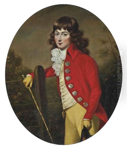 Portrait Of A Gentleman In A Scarlet Coat And Yellow Breeches, A Cane In His Right Hand, A Hat In His Left, In A Landscape - view 1