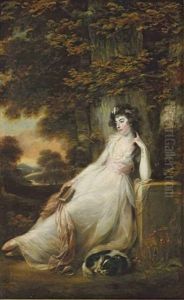 Portrait Of Miss S.d. Chambers In A White Dress, Seated With A Dog, In A River Landscape