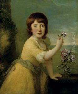 Portrait Of A Girl (miss Augusta Hirst?) In A Yellow Dress, Standing On A Balcony Holding A Carnation, A Landscape Beyond