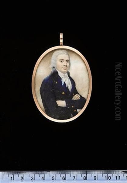 A Gentleman, His Arms Folded, Wearing Blue Coat With Black Collar, White Waistcoat And Tied Cravat, His Hair Powdered - view 1