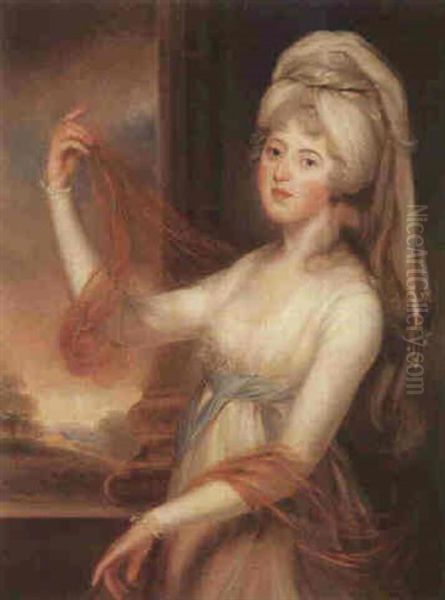 Portrait Of Sarah King, Three-quarter-length, Standing By A Column, With A Landscape Beyond - view 1