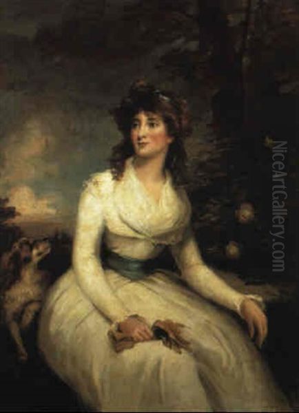 Portrait Of A Lady Wearing A White Dress Beside A Spaniel - view 1