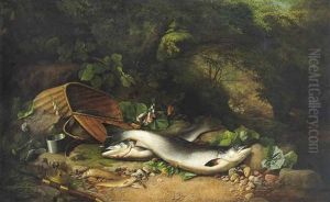 Salmon And Trout On A Riverbank by John Bucknell Russell