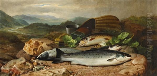 The Day's Catch, With Basket, Reel And Flask On A River Bank - view 1