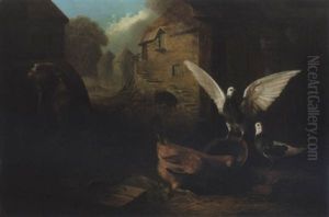 Farmyard Scene With A Jack Russell Terrier, Two Pigeons And A Hen, With Cottage Beyond