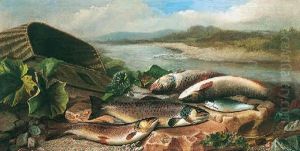 Trout And Bleak On The River Bank by John Bucknell Russell