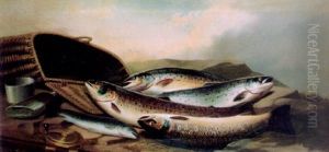 Salmon On A Riverbank With Fishing Rod And Reel, Fishing Basket And Hip Flask by John Bucknell Russell
