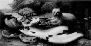The Artists Yorkshire Terrier With A Brace Of Fresh Run Hen Salmon On A Riverbank by John Bucknell Russell