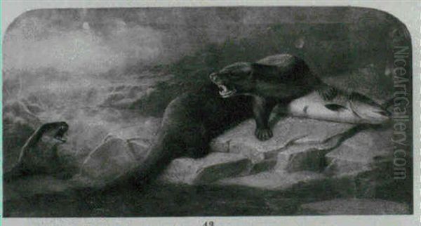 Otters Fighting Over A Salmon - view 1