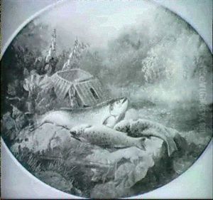 Salmon And Trout On A River Bank by John Bucknell Russell