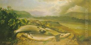 Three Fresh-run Hen Salmon On The Banks Of The Spey Near Glen Grant by John Bucknell Russell