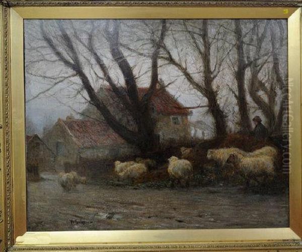 A Shepherd And Flock Approaching A Farmhouse - view 1
