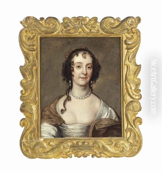Portrait Of Penelope (1620- C.1647), Lady Herbert, Later Countess Of Pembroke, Bust-length, In A White Satin Dress And Brown Shawl, With Pearl Earrings And Necklace - view 1