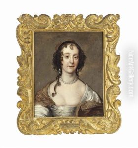 Portrait Of Penelope (1620- C.1647), Lady Herbert, Later Countess Of Pembroke, Bust-length, In A White Satin Dress And Brown Shawl, With Pearl Earrings And Necklace Portrait Of Penelope (1620- C.1647), Lady Herbert, Later Countess Of Pembroke, Bust-length, In A White Satin Dress And Brown Shawl, With Pearl Earrings And Necklace