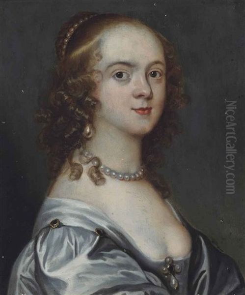 Portrait Of A Lady, Bust-length, In A Bejewelled Satin Oyster Dress, With A Pearl Necklace, Earring And Headdress - view 1