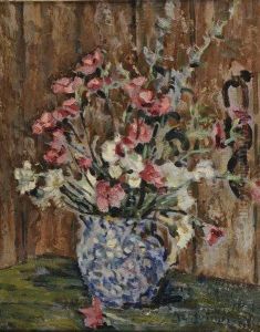 Still Life Pink And White Flowers Ina Blue Jug by Albert Ernest Bottomley