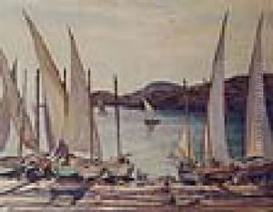 Fishing Boats In A Sunlit Harbour by Walter Westley Russell