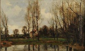 House By A Pond With Figures by Albert Ernest Bottomley