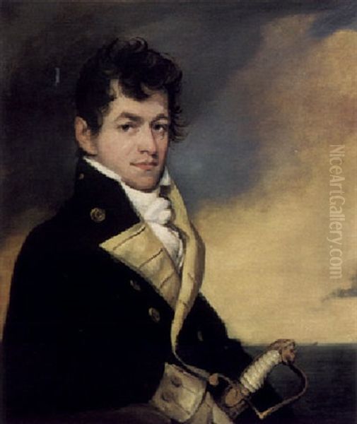 Portrait Of A Naval Officer In Uniform, Holding A Sword, With A Marine View Beyond - view 1