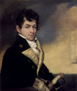 Portrait Of A Naval Officer In Uniform, Holding A Sword, With A Marine View Beyond by William Russell