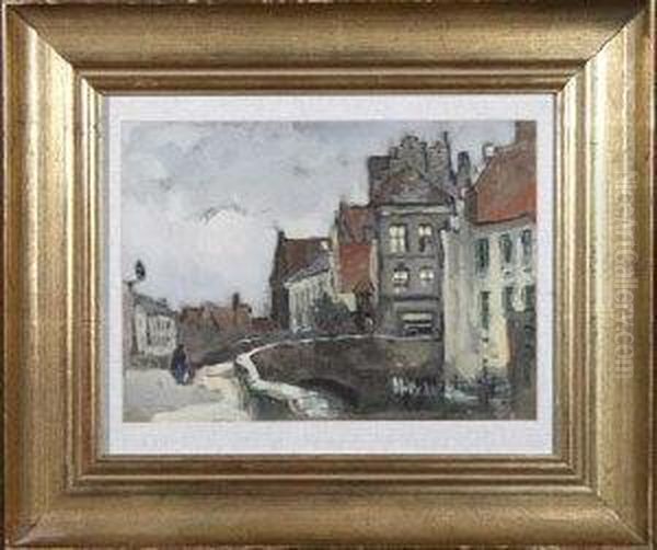 A Continental Town Scape With Figures In The Foreground Crossing A Bridge Over A Canal - view 1