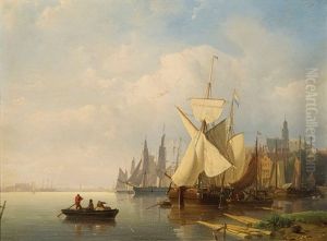Vessels In Dutch Port by Johan Adolph Rust