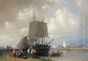 Moored Sailing Ships In A River Estuary
