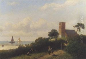 Figures On A Sunlit Path By A Calm Sea, The Church Of Muiderberg Nearby