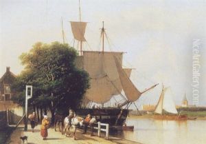 Figures On A Quay By A Moored Threemast