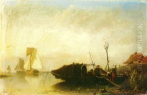 A View Of A Bay With Fishing Smacks At Anchor And Figures In A Dinghy In The Foreground