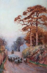 A Sheep Farmer Herding On A Countrypath by Edwin Bottomley