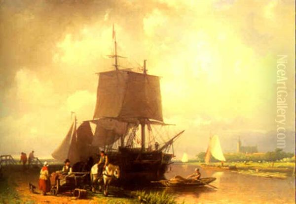Moored Sailing Vessels With Figures On A Quay - view 1