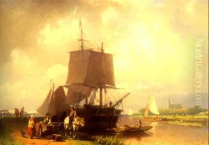 Moored Sailing Vessels With Figures On A Quay by Johan Adolph Rust