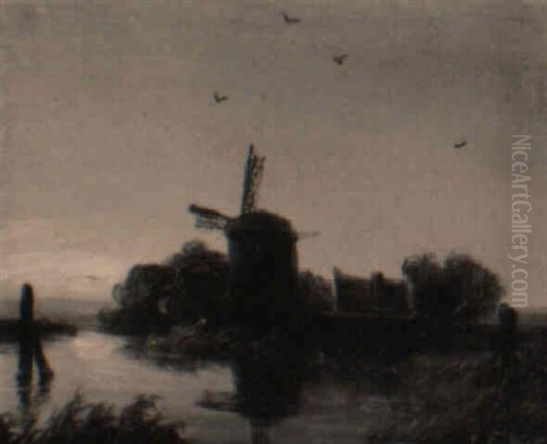 A Windmill Along A River, At Sunset - view 1
