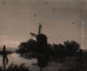 A Windmill Along A River, At Sunset by Johan Adolph Rust