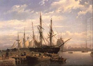 Dutch Sailing Ships At Anchor In A River Estuary by Johan Adolph Rust