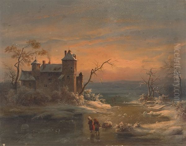 Abendliche Winterlandschaft Mit Zwei Frauen Auf Dem Eis - view 1