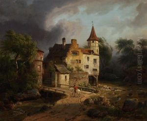 Reiter Auf Schimmel Vor Brucke Und Schloss