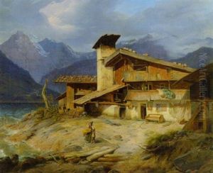 Bauerngehoft Am Ufer Des Gebirgssees by Heinrich Franz Gaudenz von Rustige