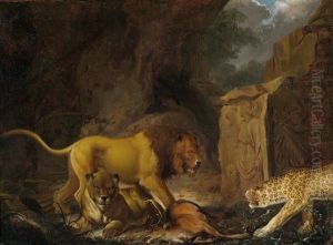 Ein Lowe Mit Seiner Beute Und Ein Leopard by Carl Borromaus Andreas Ruthart