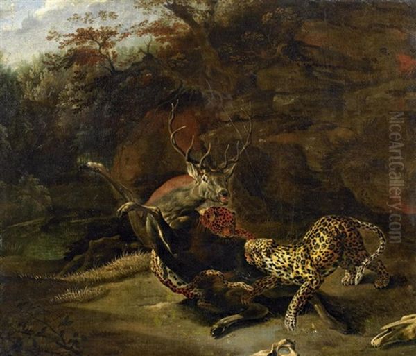 Jagdstuck Mit Leoparden Einen Hirschen Reisend - view 1