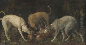 Drei Jagdhunde Erlegen Einen Fuchs by Carl Borromaus Andreas Ruthart