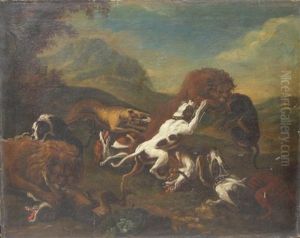 Lion Attaque Par Des Chiens by Carl Borromaus Andreas Ruthart