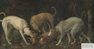 Drei Jagdhunde Erlegen Einen Fuchs by Carl Borromaus Andreas Ruthart