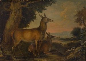 Zwei Rehe In Einer Landschaft; Jagdszene Mit Hirsch Und Hunde