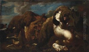 Hounds Attacking A Bear by Carl Borromaus Andreas Ruthart