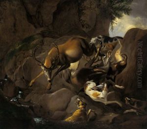 Hunde Jagen Einen Hirsch In Einer Felsigen Landschaft by Carl Borromaus Andreas Ruthart