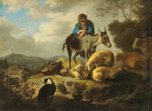 Rastender Hirt Mit Seiner Herde In Einer Sudlichen Landschaft by Carl Borromaus Andreas Ruthart