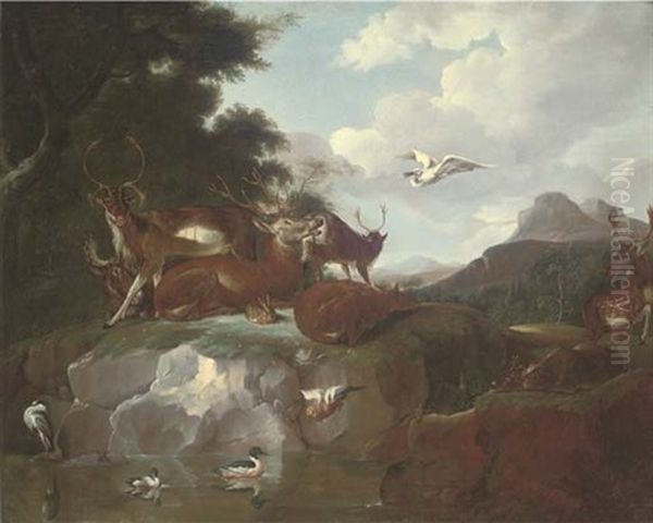 A River Landscape With Deer, A Rabbit And An Elk Resting On A Bank, A Porcupine In A Gully And Ducks And A Heron In A Pond - view 1